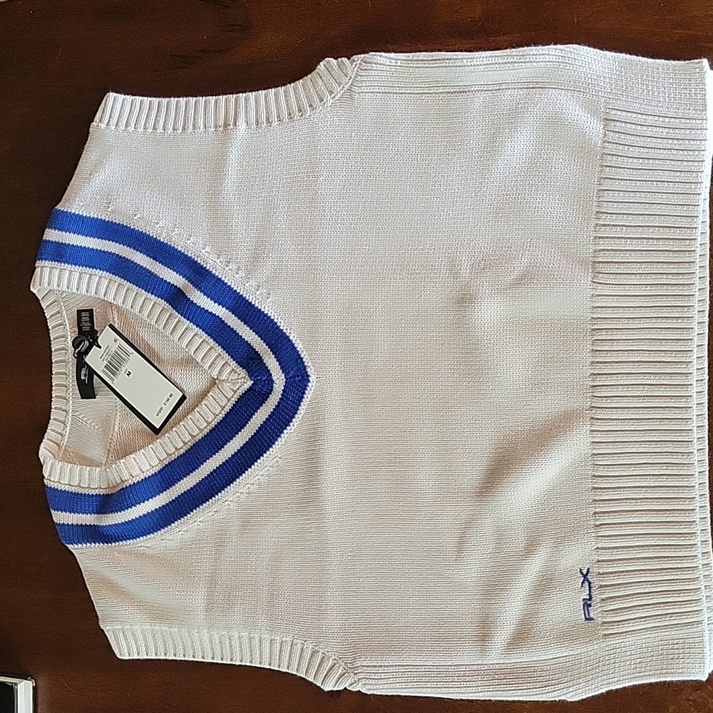 RLX Ralph Lauren Cream V-Neck Sweater Vest with Blue Trim - Picture 3 of 6